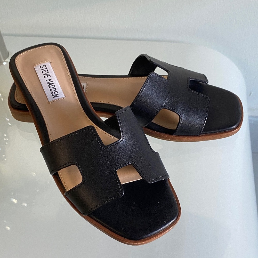 Steve Madden Black Leather Slide Sandals